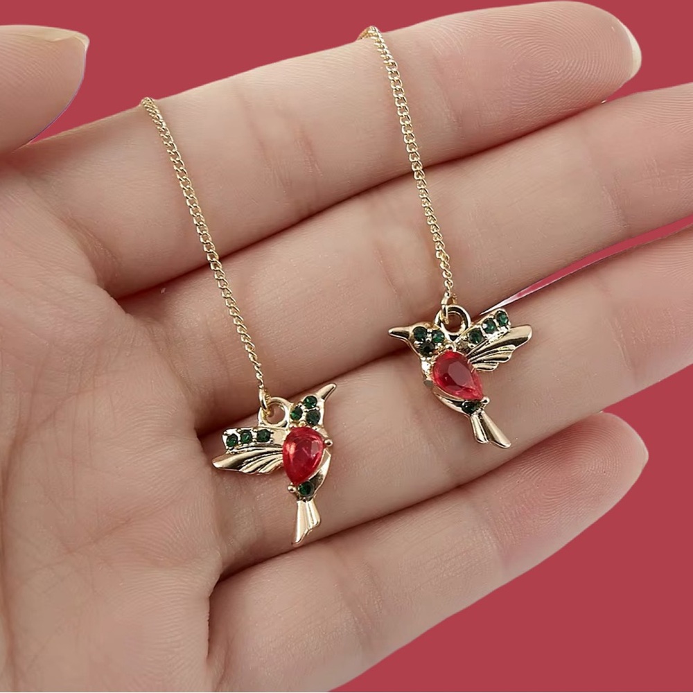 New Gold-Tone & Dark Red/Green Crystal Hummingbird Threaders w/Gold-Tone Chain